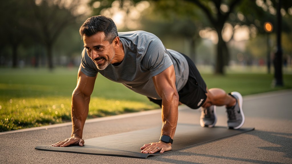 A confident man in his 40s exercising outdoors as part of a healthy, active routine