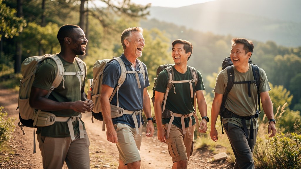 A diverse group of men laughing together outdoors, representing male friendship and connection