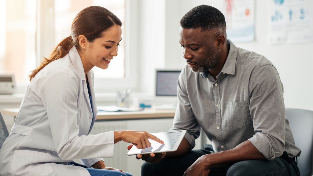 Man in his 40s reviewing blood pressure results with a healthcare provider