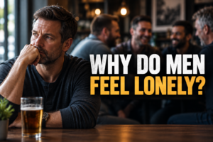 man alone sitting in a bar and group of men talking