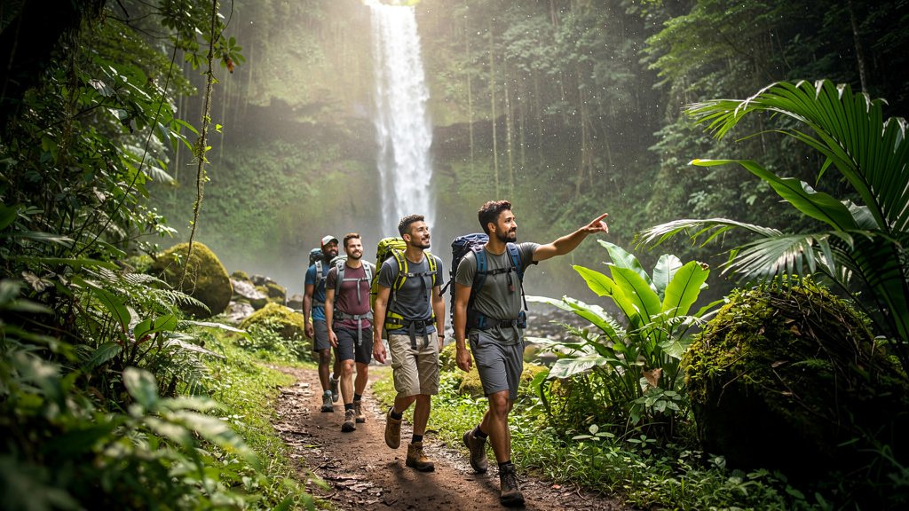 Men hiking to a waterfall in Colombia during the STRONG Men Adventures retreat