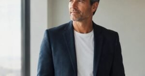 Confident man in his 40s or 50s in a navy blazer looking thoughtfully out a bright window, considering a career change later in life