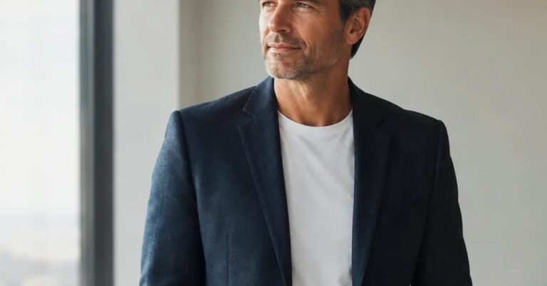 Confident man in his 40s or 50s in a navy blazer looking thoughtfully out a bright window, considering a career change later in life