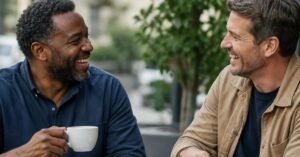 Two men of different ethnicities laughing together outdoors, an example of how to make friends as a man in midlife
