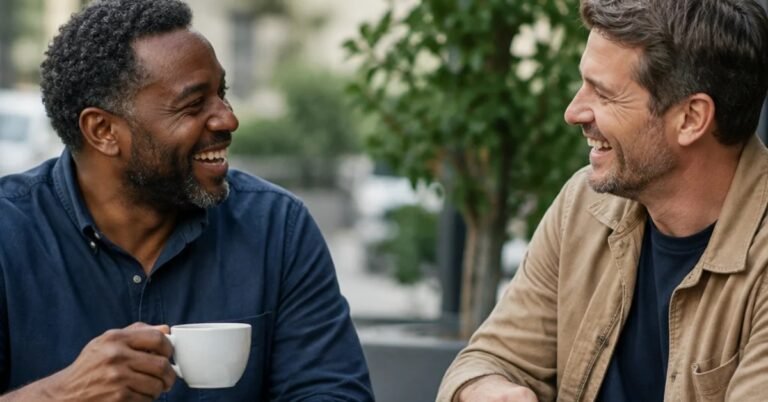Two men of different ethnicities laughing together outdoors, an example of how to make friends as a man in midlife