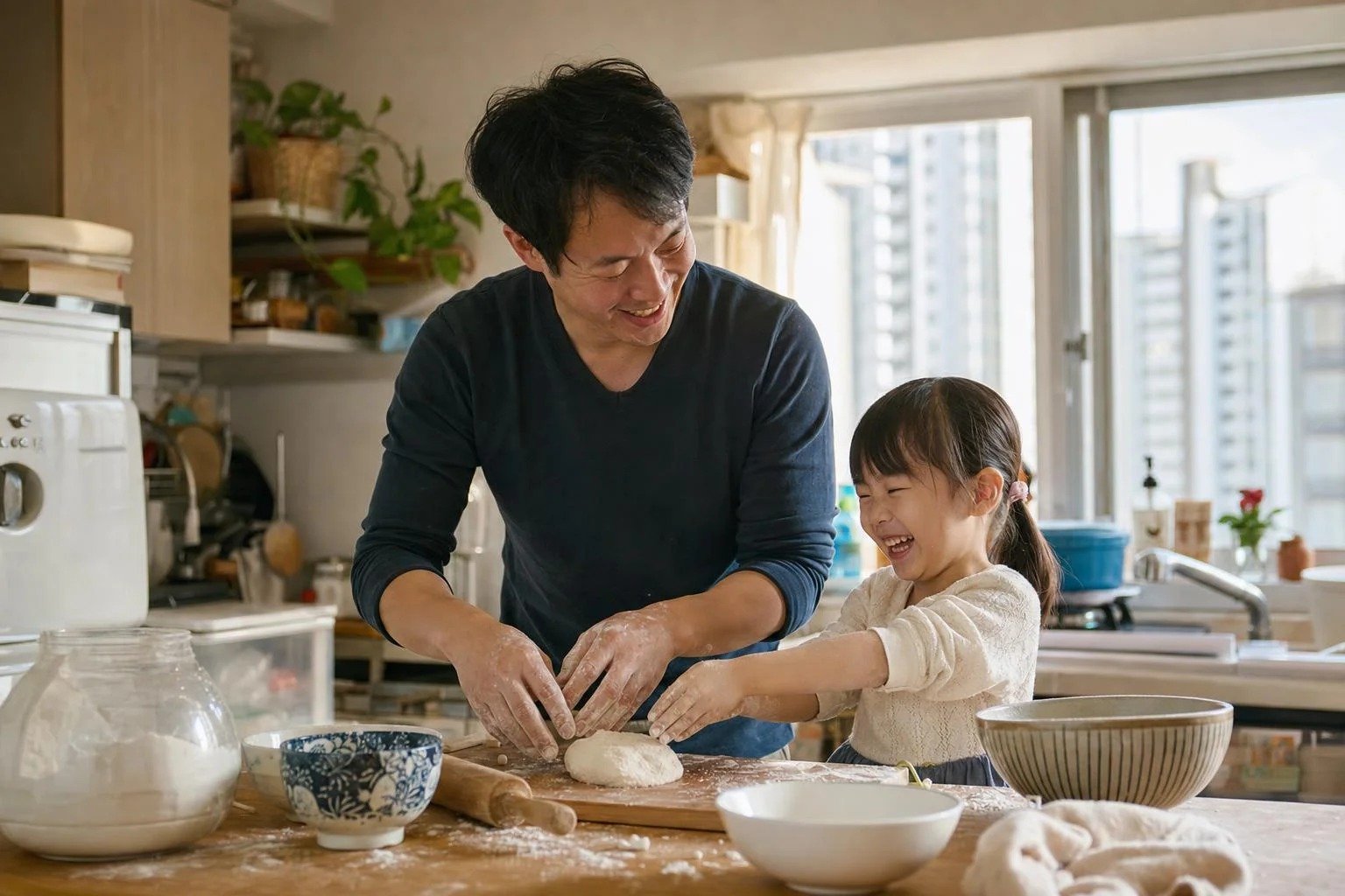 A divorced father cooking breakfast with his daughter in his new home