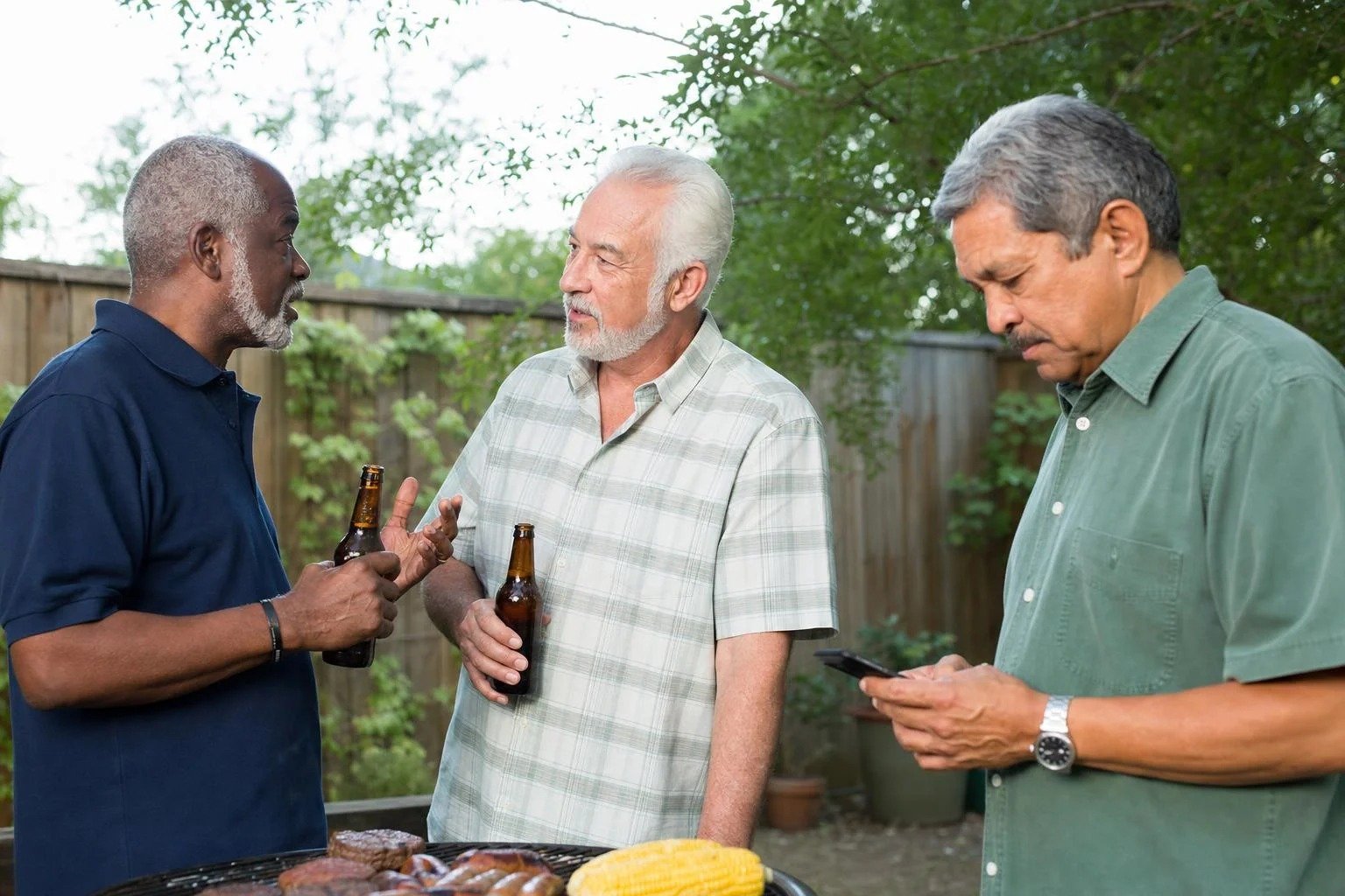 Older friends at a backyard barbecue, one man distracted by his phone while the others talk, illustrating fading connection