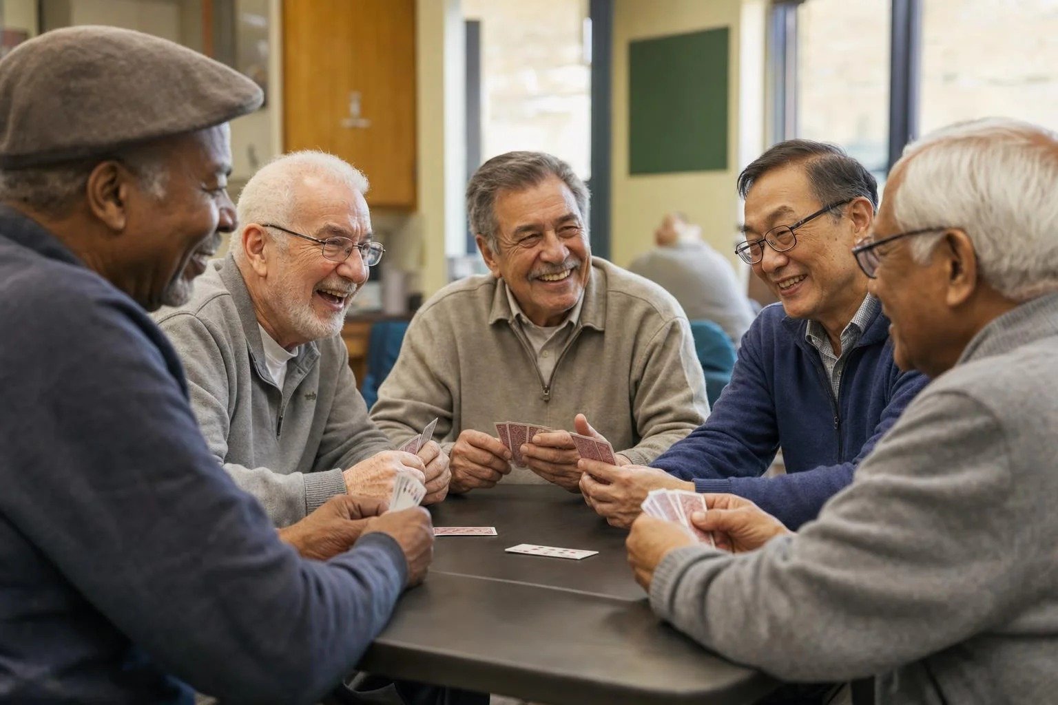 A diverse group of older men playing cards together at a community gathering