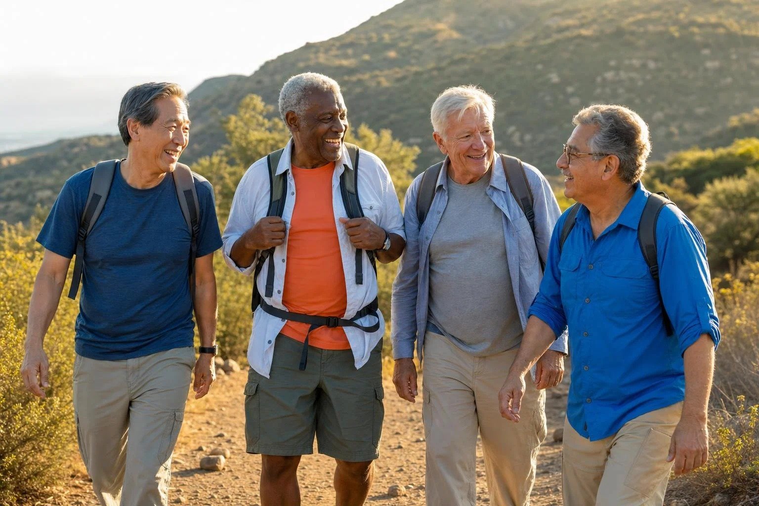 Why do men have fewer friends as they get older? A diverse group of older men hiking together on a trail