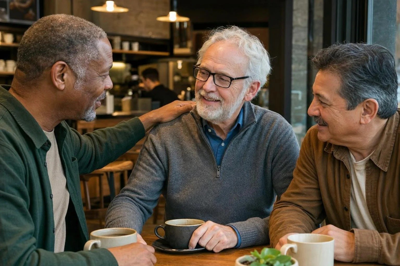 Why do men have fewer friends as they get older? Three older men reconciling warmly over coffee after a falling out