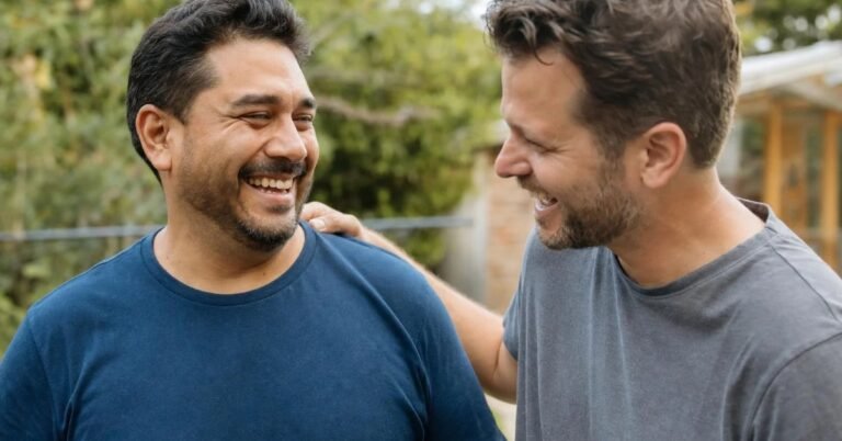 Two men of different ethnicities laughing together in genuine male friendship