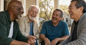 Why do men have fewer friends as they get older? A group of older men of different ethnicities laughing together outdoors