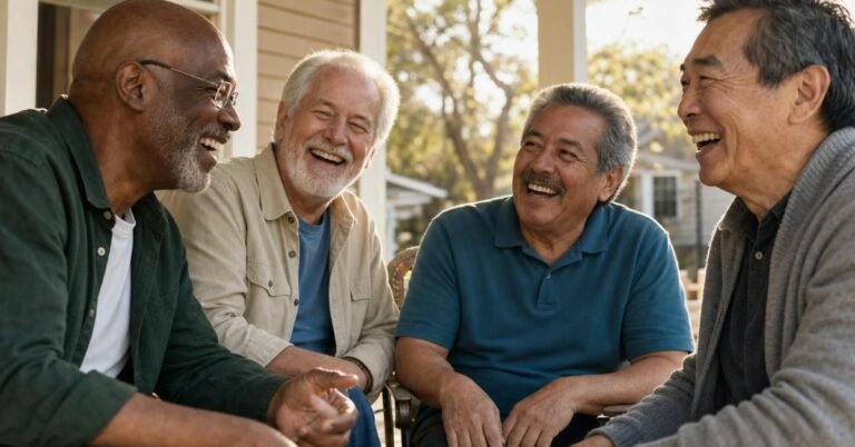 Why do men have fewer friends as they get older? A group of older men of different ethnicities laughing together outdoors
